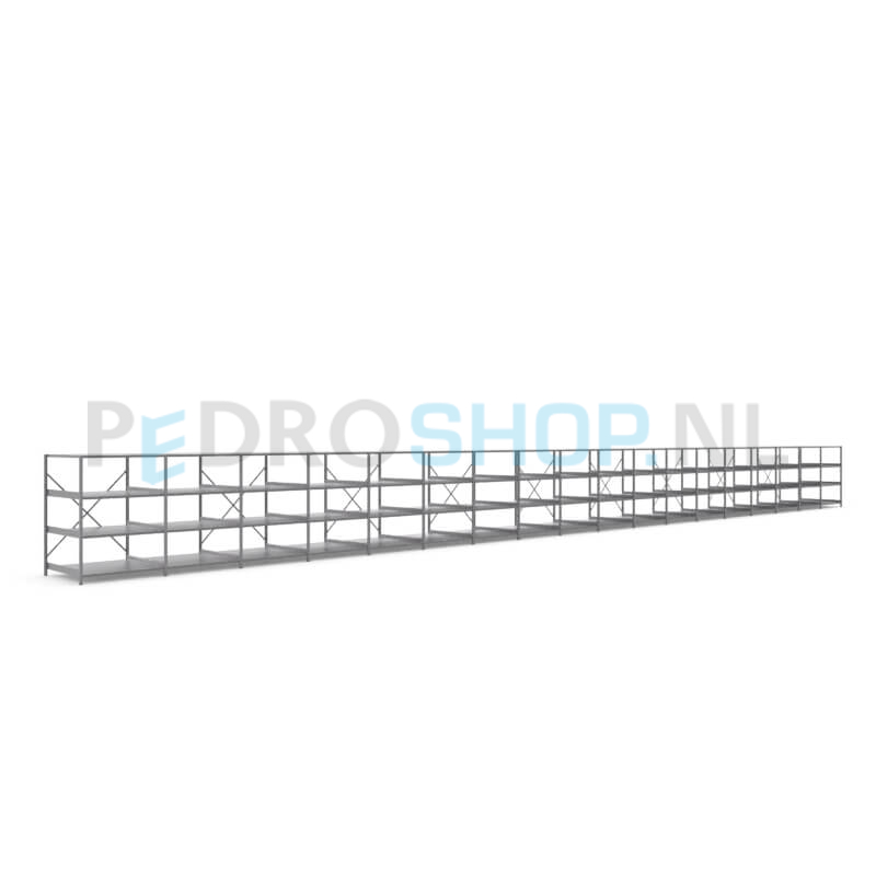 Metalen stellingkast: 140cm (h) x 100cm (d) x 1814.4cm (l)