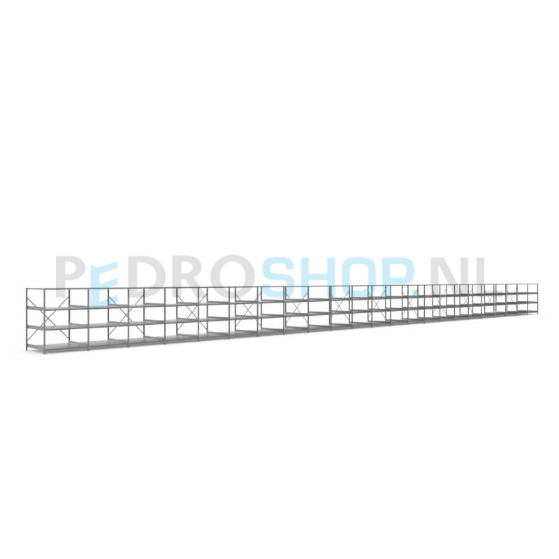 Metalen stellingkast: 140cm (h) x 100cm (d) x 2317.4cm (l)