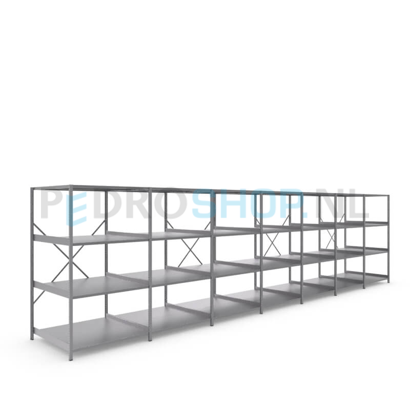 Metalen stellingkast: 180cm (h) x 100cm (d) x 707.8cm (l)