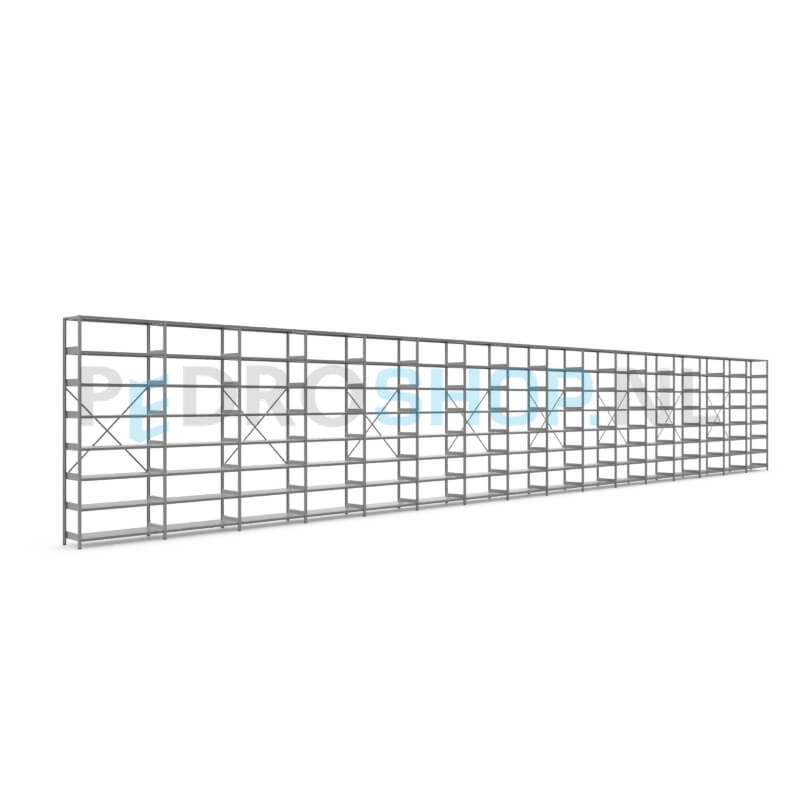 Metalen stellingkast: 250cm (h) x 40cm (d) x 1613.2cm (l)