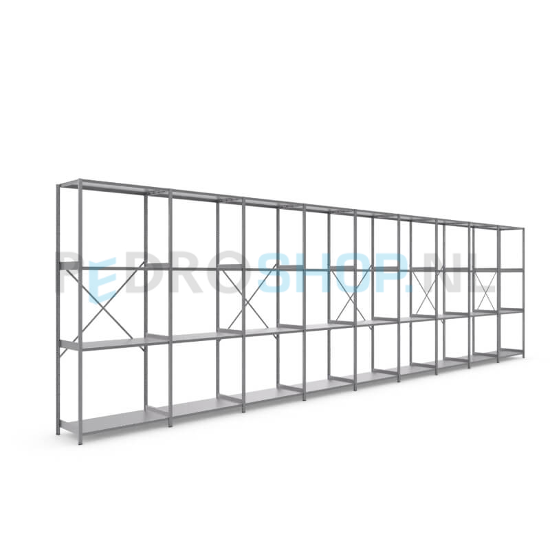 Metalen stellingkast: 250cm (h) x 50cm (d) x 909cm (l)