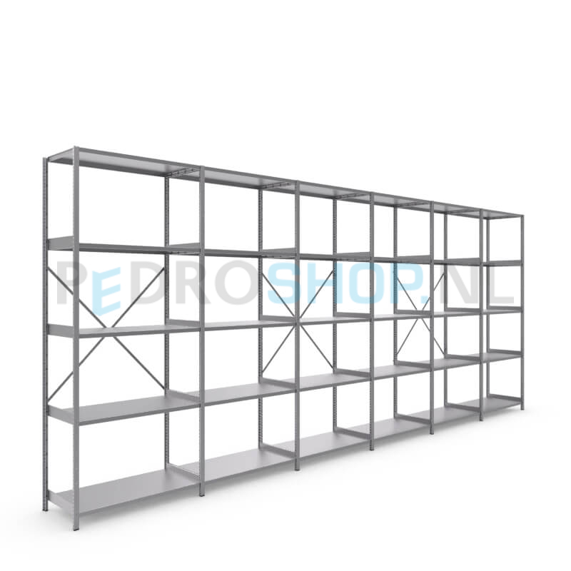 Metalen stellingkast: 250cm (h) x 50cm (d) x 607.2cm (l)