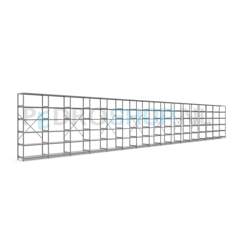 Metalen stellingkast: 250cm (h) x 50cm (d) x 1613.2cm (l)