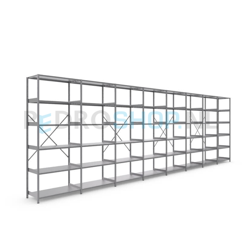 Metalen stellingkast: 250cm (h) x 50cm (d) x 808.4cm (l)
