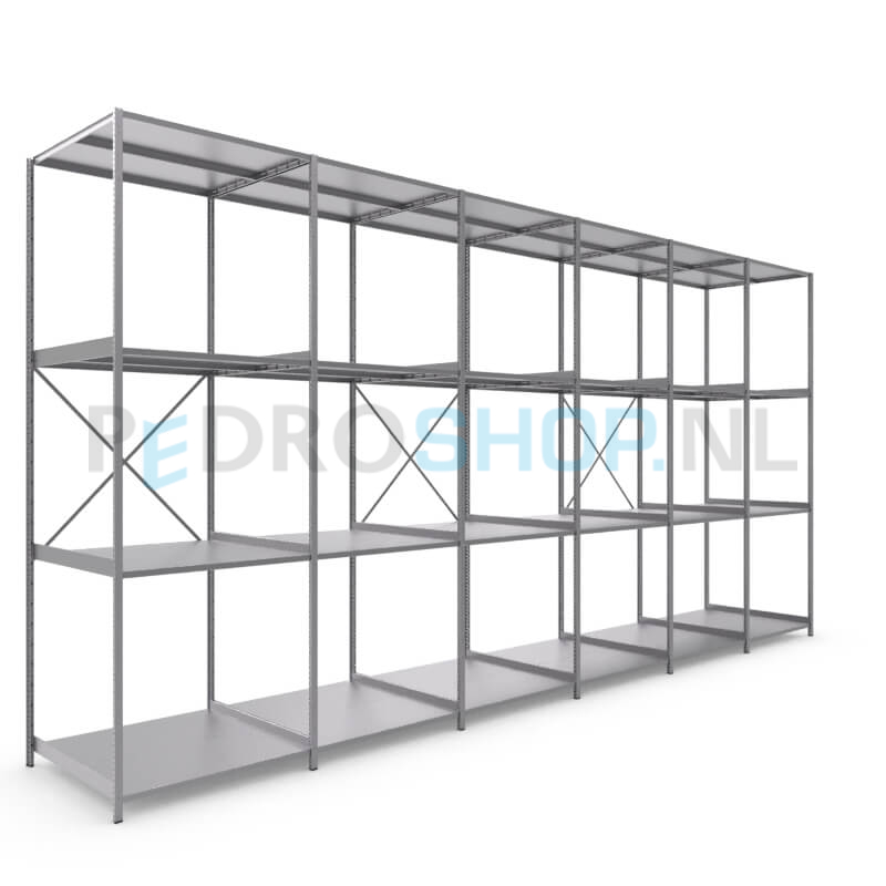 Metalen stellingkast: 300cm (h) x 100cm (d) x 607.2cm (l)