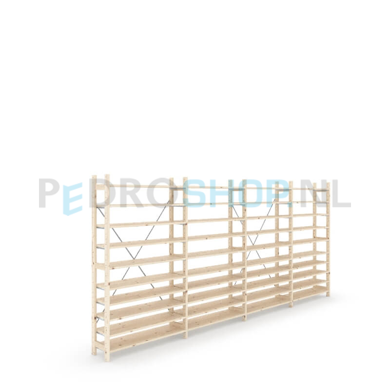 Houten stellingkast Easyrack: 180cm (h) x 30cm (d) x 403cm (l)