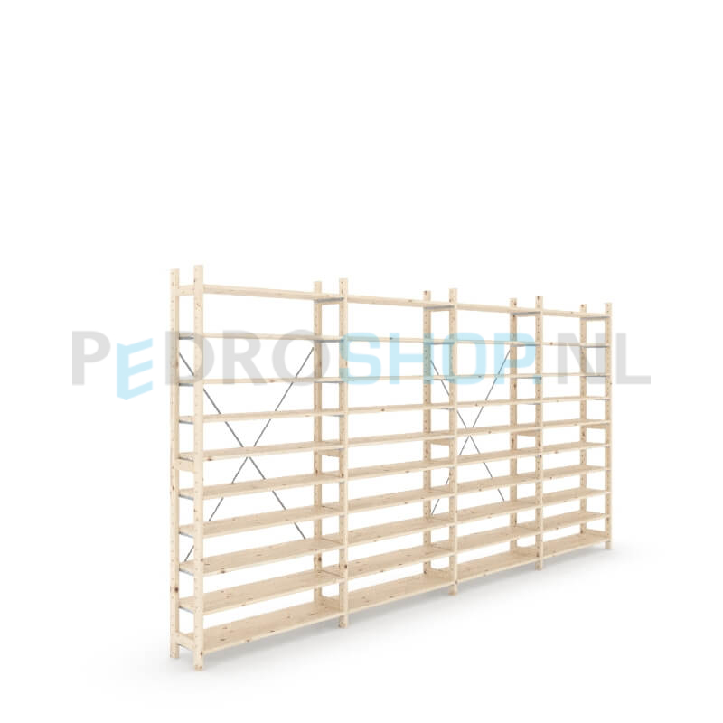 Houten stellingkast Easyrek: 210cm (h) x 30cm (d) x 403cm (l)