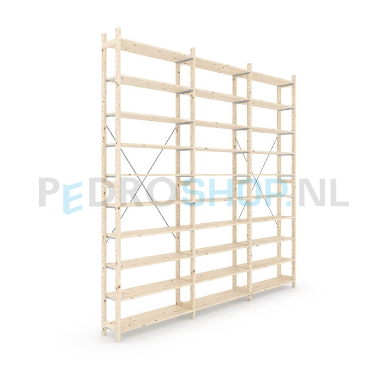 Houten stellingkast Easyrek: 300cm (h) x 30cm (d) x 303cm (l)